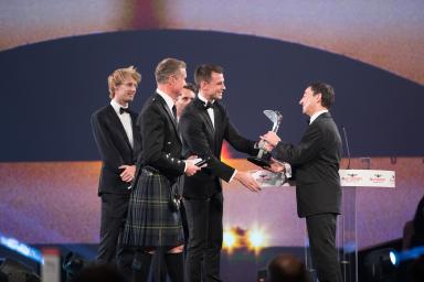 2017 Autosport AwardsGrosvenor House Hotel, Park Lane, London.Sunday 3 December 2017.WEC Champions Brendon Hartley, Timo Bernhard and Earl Bamber present the John Bolster award to Pierre Fillon on behalf of the Automobile Club de l'Ouest.World Copyrig