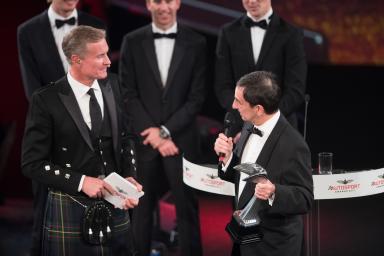 2017 Autosport AwardsGrosvenor House Hotel, Park Lane, London.Sunday 3 December 2017.WEC Champions Brendon Hartley, Timo Bernhard and Earl Bamber present the John Bolster award to Pierre Fillon on behalf of the Automobile Club de l'Ouest.World Copyrig