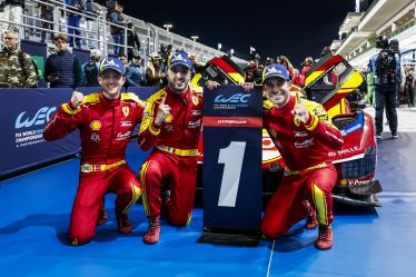 50 FUOCO Antonio (ita), MOLINA Miguel (spa), NIELSEN Nicklas (dnk), Ferrari AF Corse, Ferrari 499P #50, Hypercar, celebrating their win during the Qatar 1812 KM, 1st round of the 2025 FIA World Endurance Championship, from February 25 to 28, 2025 on the Losail International Circuit in Lusail, Qatar - Photo Julien Delfosse / DPPI