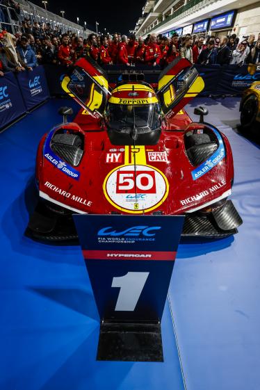 50 FUOCO Antonio (ita), MOLINA Miguel (spa), NIELSEN Nicklas (dnk), Ferrari AF Corse, Ferrari 499P #50, Hypercar, parc fermé during the Qatar 1812 KM, 1st round of the 2025 FIA World Endurance Championship, from February 25 to 28, 2025 on the Losail International Circuit in Lusail, Qatar - Photo Julien Delfosse / DPPI