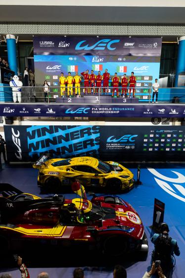 83 HANSON Phil (gbr), KUBICA Robert (pol), YE Yifei (chn), AF Corse, Ferrari 499P #83, Hypercar, 50 FUOCO Antonio (ita), MOLINA Miguel (spa), NIELSEN Nicklas (dnk), Ferrari AF Corse, Ferrari 499P #50, Hypercar, 51 CALADO James (gbr), GIOVINAZZI Antonio (ita), PIER GUIDI Alessandro (ita), Ferrari AF Corse, Ferrari 499P #51, Hypercar, podium portrait during the Qatar 1812 KM, 1st round of the 2025 FIA World Endurance Championship, from February 25 to 28, 2025 on the Losail International Circuit in Lusail, Qatar - Photo Javier Jimenez / DPPI