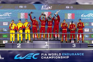 50 FUOCO Antonio (ita), MOLINA Miguel (spa), NIELSEN Nicklas (dnk), Ferrari AF Corse, Ferrari 499P #50, Hypercar, podium portrait during the Qatar 1812 KM, 1st round of the 2025 FIA World Endurance Championship, from February 25 to 28, 2025 on the Losail International Circuit in Lusail, Qatar - Photo Javier Jimenez / DPPI