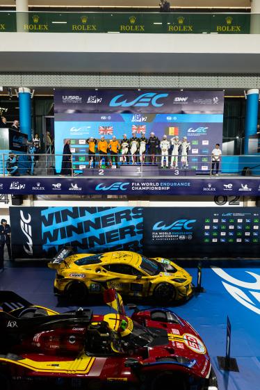 59 BAUD Sébastien (fra), COTTINGHAM James (gbr), SAUCY Grégoire (swi), United Autosports, McLaren 720S GT3 Evo #59, LM GT3, 33 EDGAR Jonny (gbr), JUNCADELLA Dani (spa), KEATING Ben (usa), TF Sport, Chevrolet Corvette Z06 GT3.R #33, LM GT3, 31 BOGUSLAVKIY Timur, FARFUS Augusto (bra), SHAHIN Yasser (aus), The Bend Team WRT, BMW M4 GT3 Evo #31, LM GT3, podium portrait during the Qatar 1812 KM, 1st round of the 2025 FIA World Endurance Championship, from February 25 to 28, 2025 on the Losail International Circuit in Lusail, Qatar - Photo Javier Jimenez / DPPI