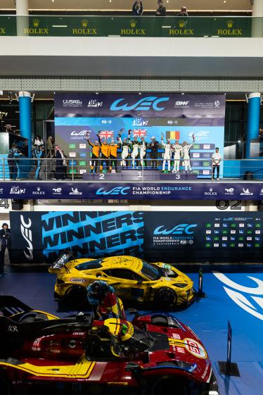59 BAUD Sébastien (fra), COTTINGHAM James (gbr), SAUCY Grégoire (swi), United Autosports, McLaren 720S GT3 Evo #59, LM GT3, 33 EDGAR Jonny (gbr), JUNCADELLA Dani (spa), KEATING Ben (usa), TF Sport, Chevrolet Corvette Z06 GT3.R #33, LM GT3, 31 BOGUSLAVKIY Timur, FARFUS Augusto (bra), SHAHIN Yasser (aus), The Bend Team WRT, BMW M4 GT3 Evo #31, LM GT3, podium portrait during the Qatar 1812 KM, 1st round of the 2025 FIA World Endurance Championship, from February 25 to 28, 2025 on the Losail International Circuit in Lusail, Qatar - Photo Javier Jimenez / DPPI